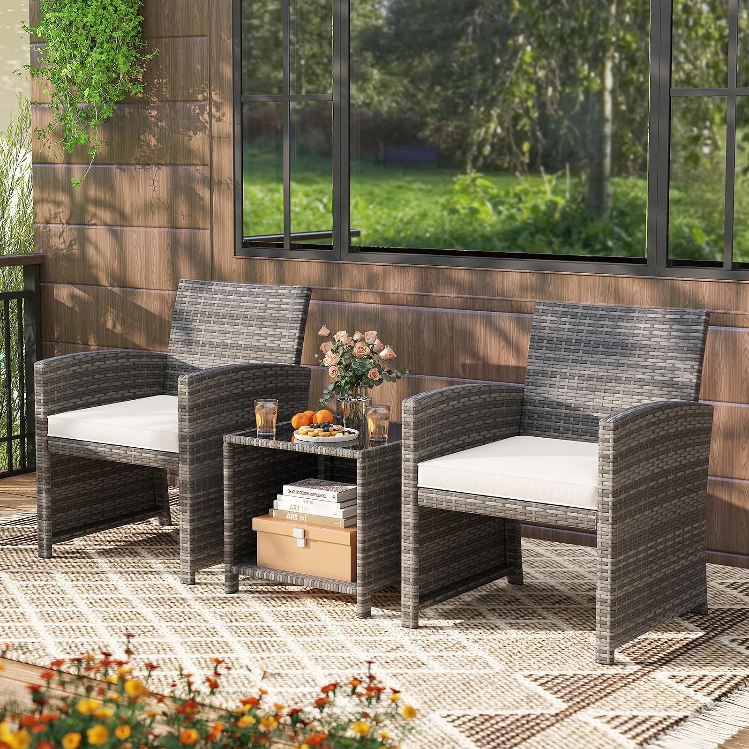 KOTEK 3 Piece Patio Furniture Set, Outdoor Wicker Patio Chairs with Cushions & Storage Table, PE Rattan Bistro Set for Porch, Backyard, Balcony (Off White)