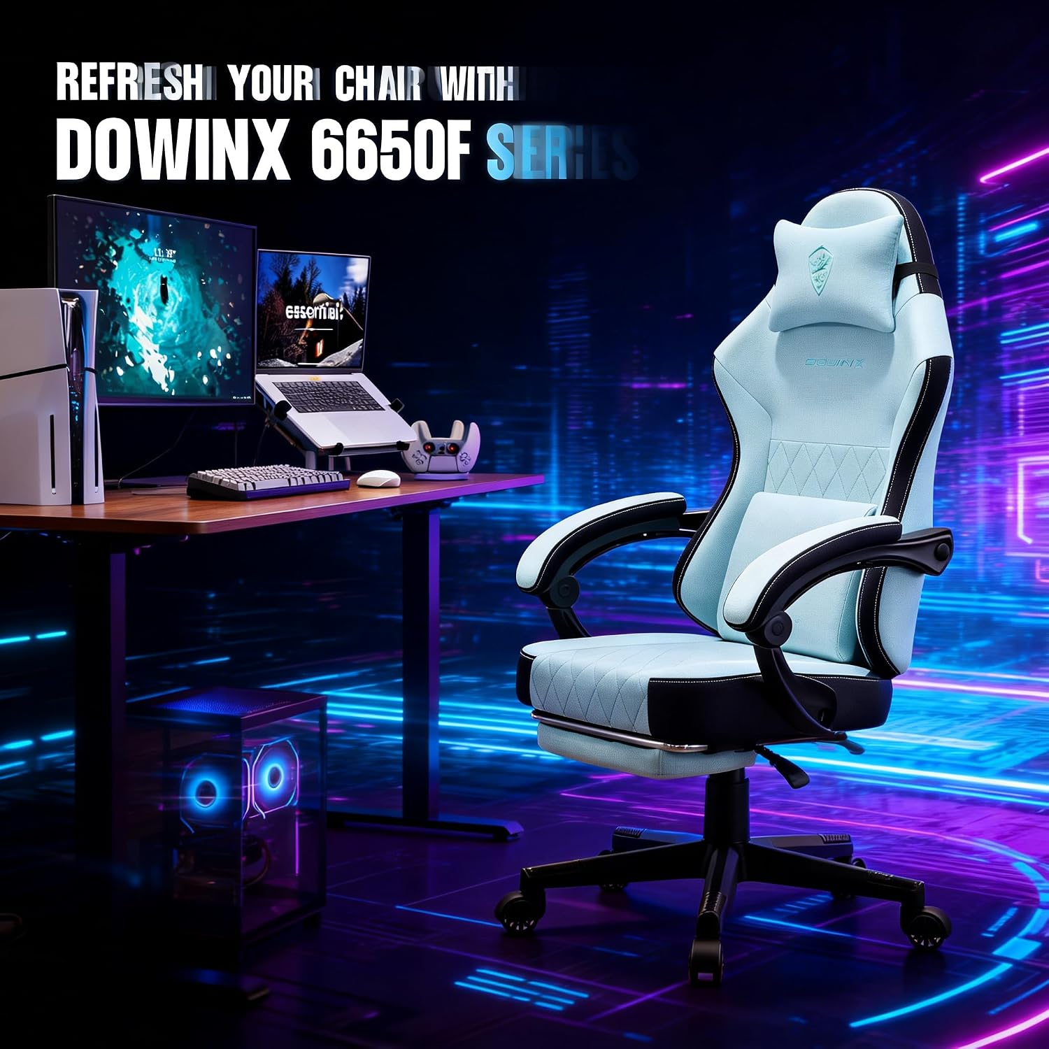 Dowinx Gaming Chair, Breathable Fabric Computer Chair with Pocket Spring Cushion, Ergonomic Massage Gamer Chair with Lumbar Support and Footrest, Height Adjustable Office Game Chairs for Adults, Aqua