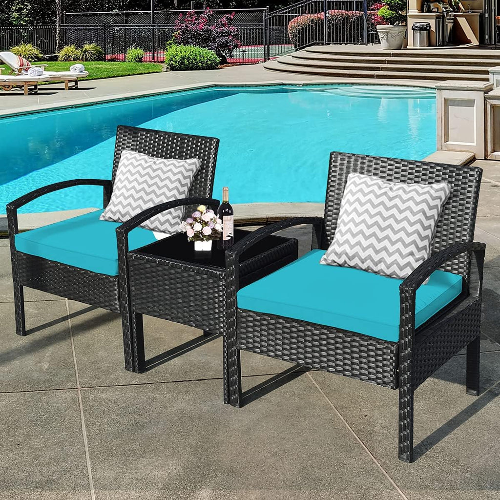 Tangkula 3 Piece Patio Conversation Set, Outdoor Rattan Sofa Set with Seat Cushions & Coffee Table, Patio Wicker Furniture Set for Garden Balcony Backyard Poolside (Turquoise)