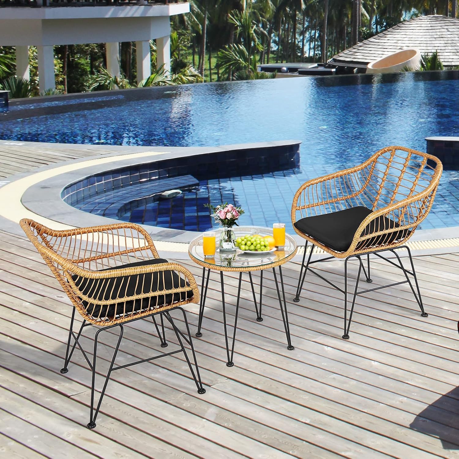 Tangkula 3 Pieces Patio Bistro Set, Rattan Conversation Set with 2 Cushioned Armchairs & Round Glass Coffee Table, Indoor Outdoor Wicker Furniture Set for Balcony, Backyard, Garden, Poolside