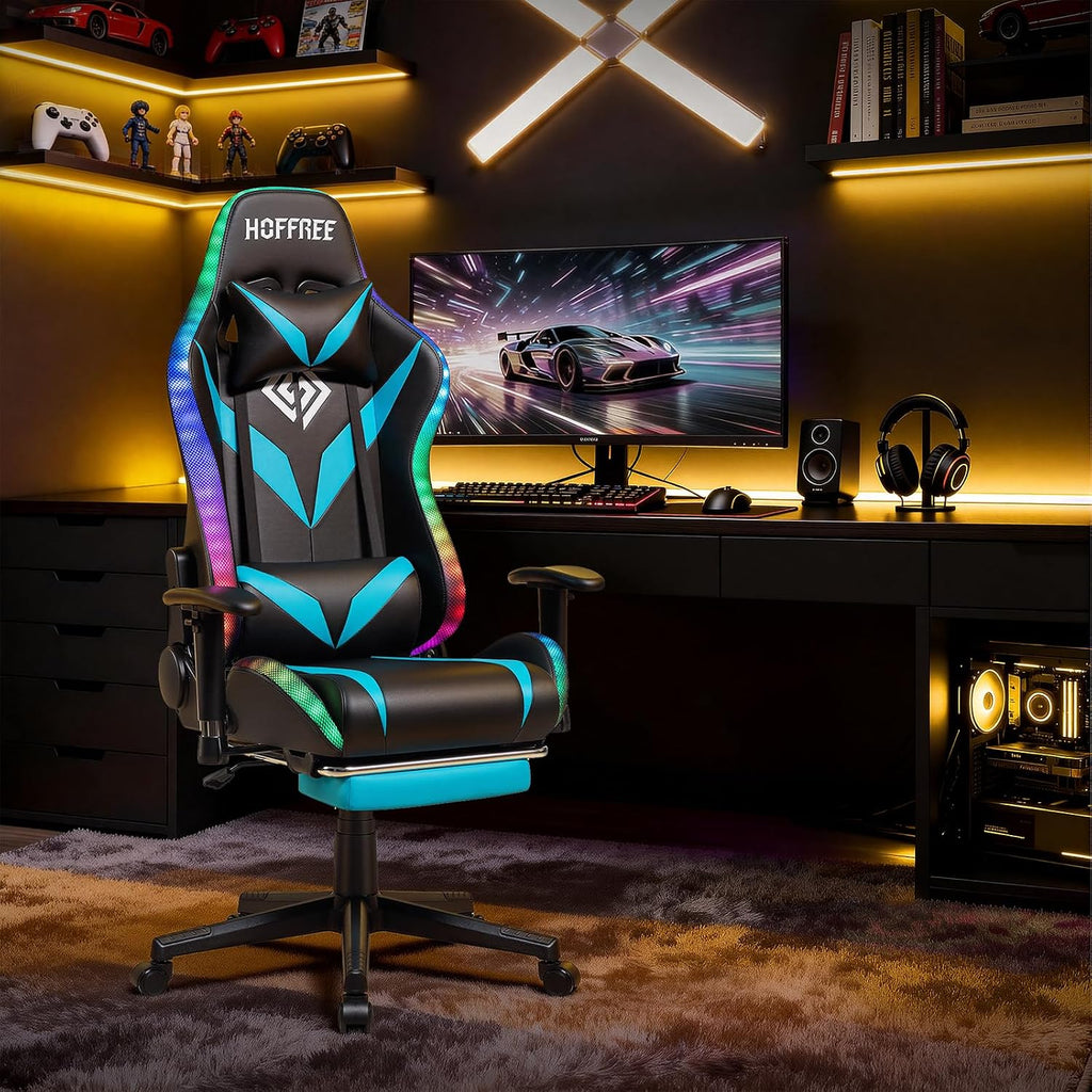 HOFFREE Gaming Chair with Bluetooth Speakers and Led Lights Massage Video Game Chair with Footrest Reclining High Back Computer Gamer Chair Blue and Black