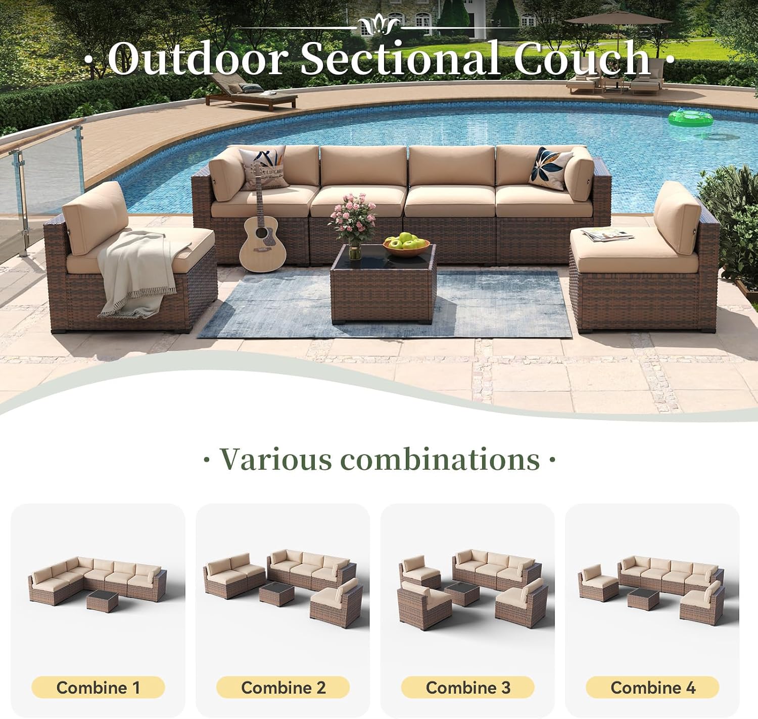 Aoxun 7 Piece Patio Furniture Set Wicker Rattan Patio Conversation Set Outdoor Sectional Sofa Set with Coffee Table and Thickened Cushions, Beige (Waterproof Cover Included)