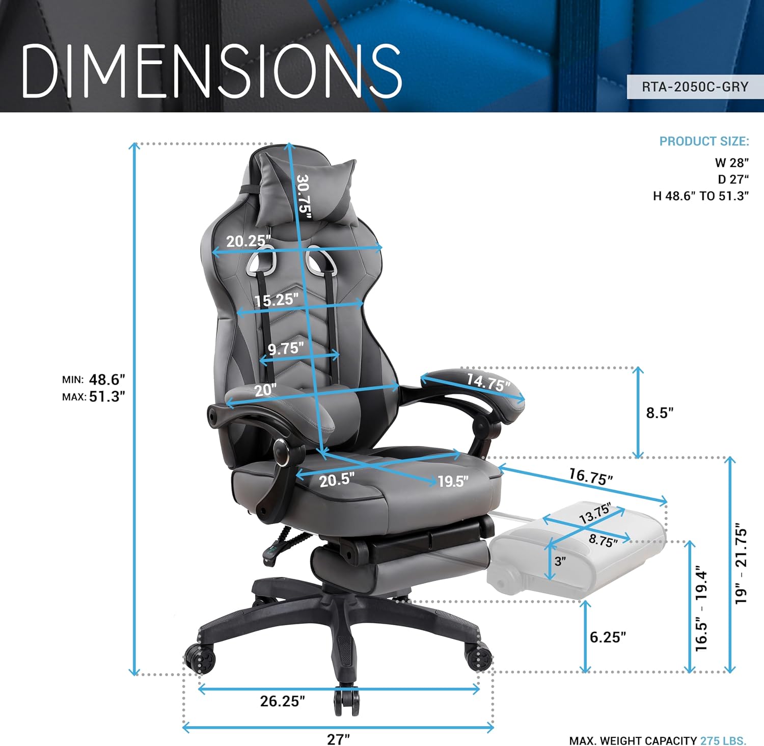 Executive Office or Gaming Chair with Footrest, Padded PU Leather Office Chair with 150-Degree Recline, Lumbar Support & Headrest Pillow, Grey