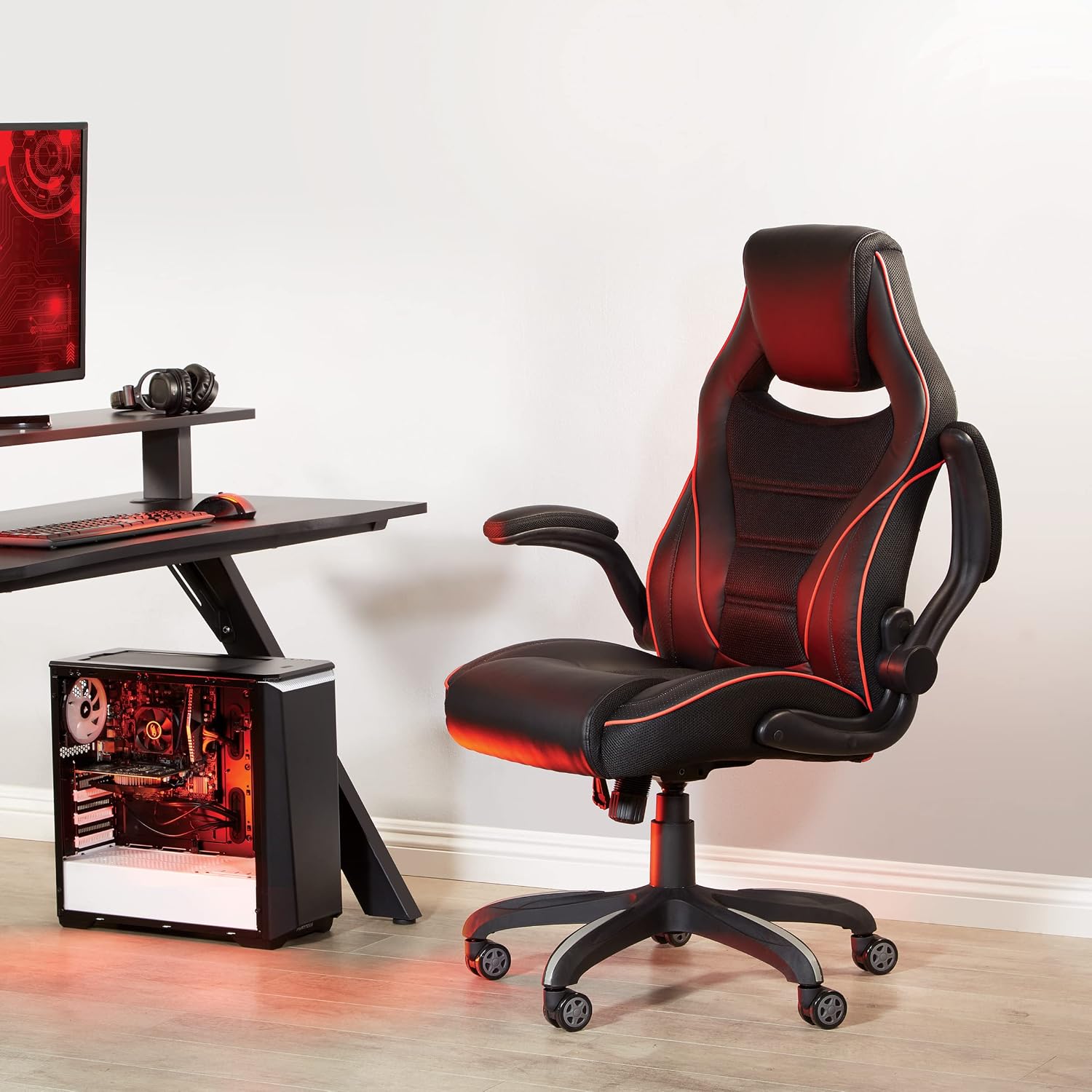 OSP Home Furnishings Xeno Ergonomic Adjustable Faux Leather Gaming Chair with Integrated Headrest and Airflow Cooling Material, Black with Red Accents