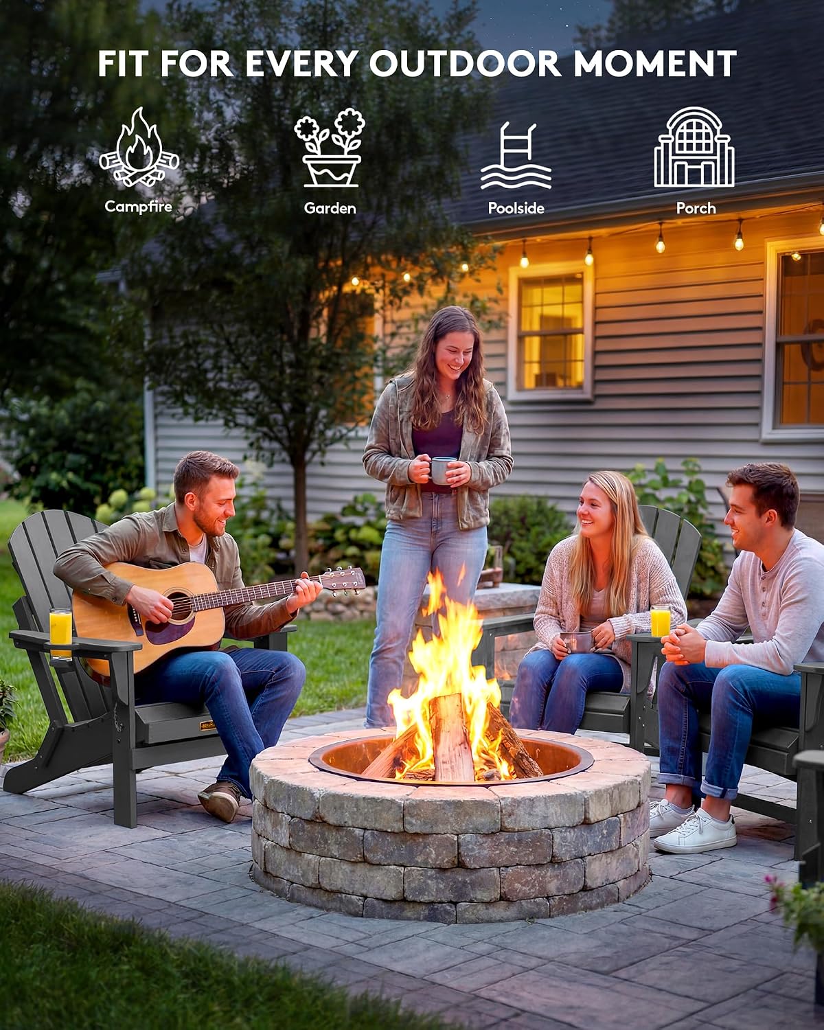 SERWALL Folding Adirondack Chair with Cup Holder Set of 4, Weather Resistant HIPS Patio Chairs, Wooden Textured, Fire Pit Chairs for Garden Outdoors Fire Pit - Gray