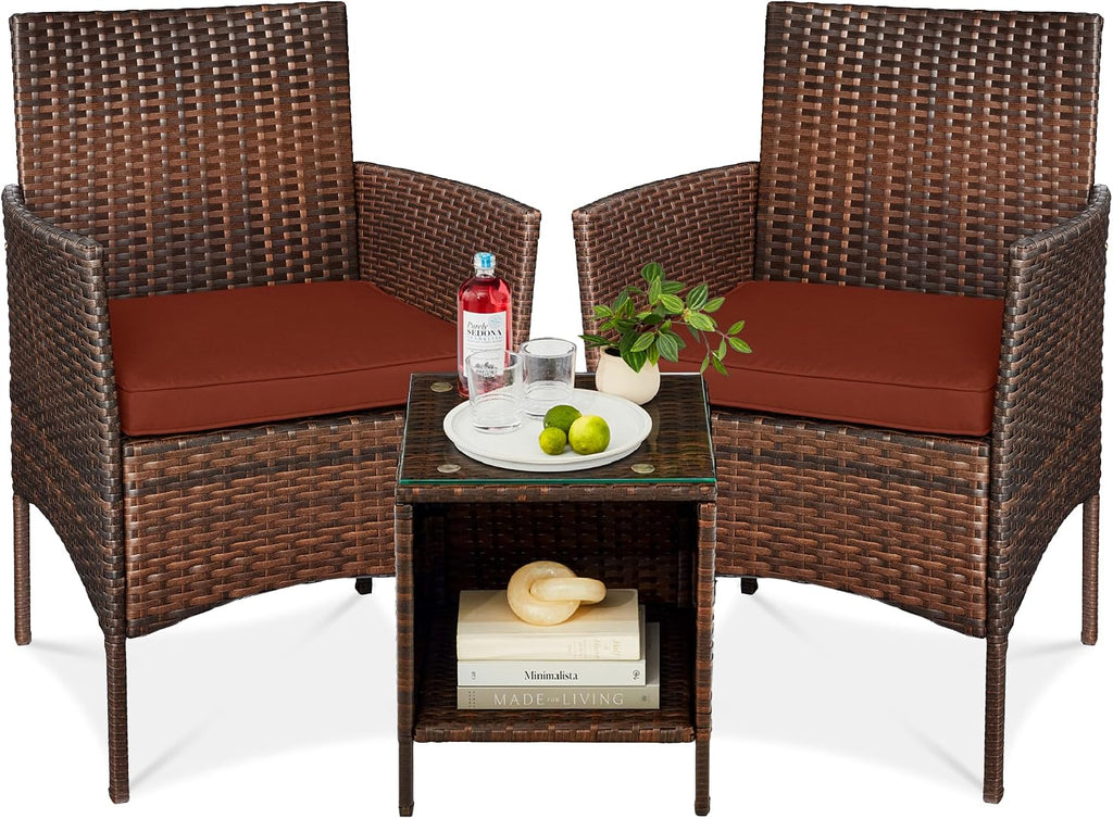 Best Choice Products 3-Piece Outdoor Wicker Conversation Bistro Set, Space Saving Patio Furniture for Garden w/Side Table - Brown/Dark Rust