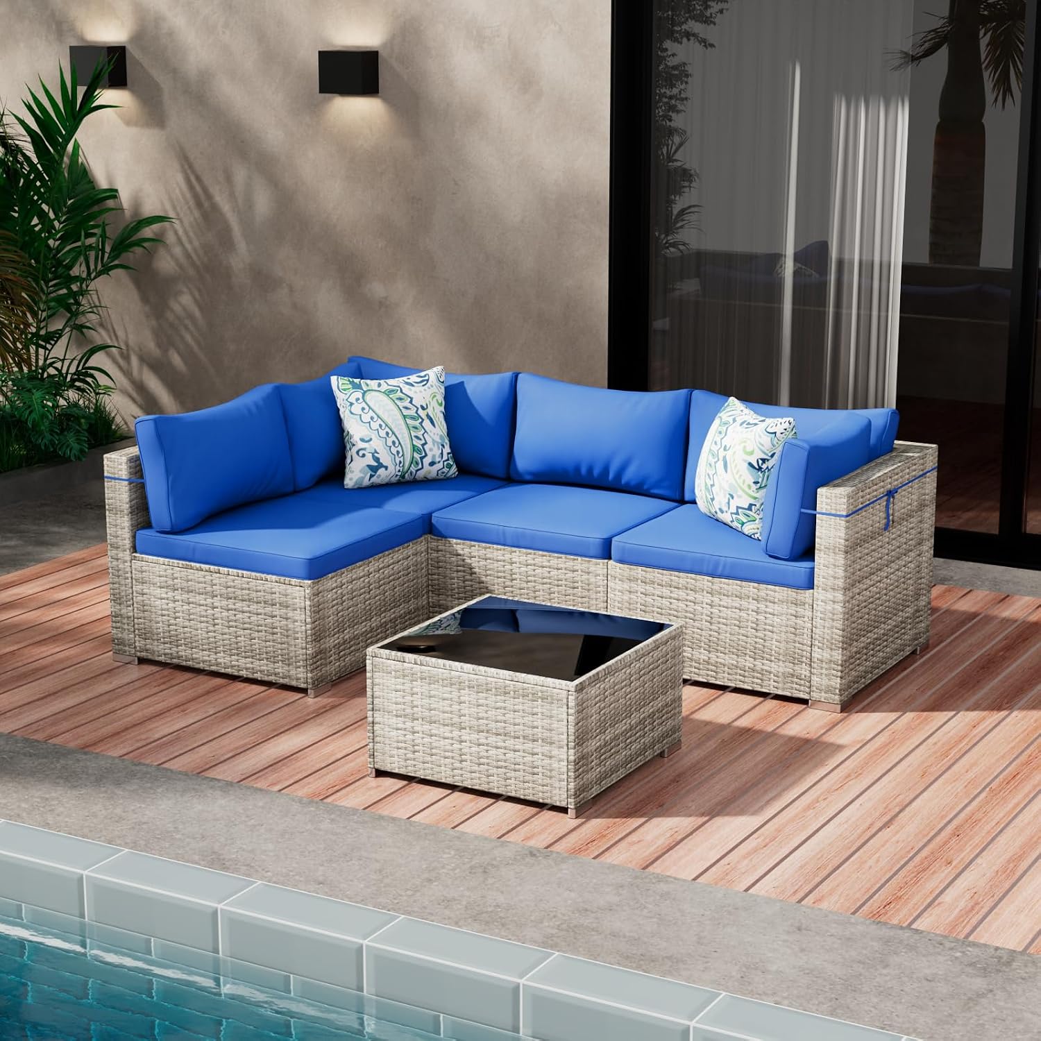 Tradare 5 Piece Patio Furniture Set, Outdoor Wicker Patio Sofa Set, PE Rattan Sectional Couch with Glass Table and Blue Cushions, All-Weather 5 Piece Outdoor Patio Furniture Sets, Grey