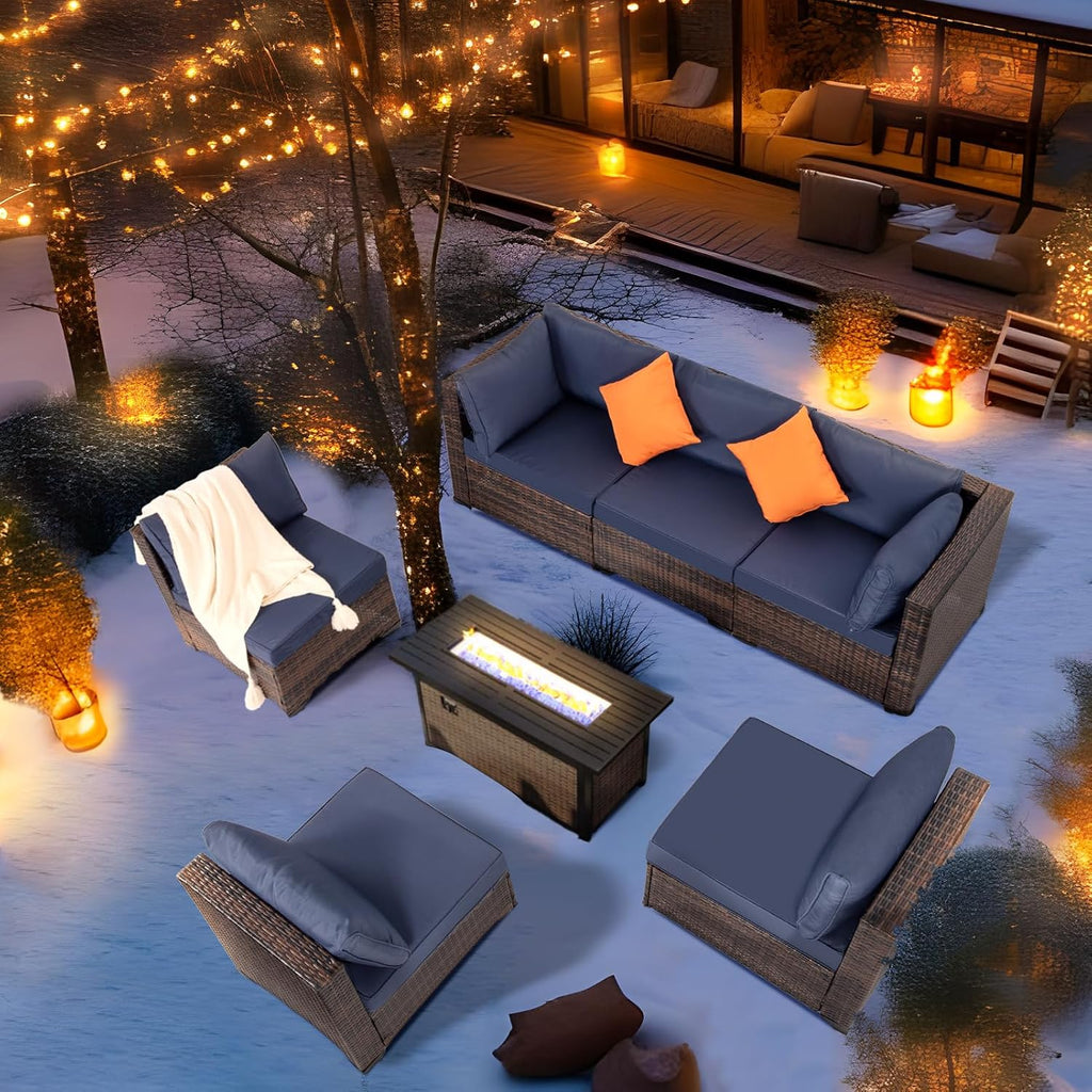 FHFO 7 Piece Outdoor Wicker Patio Furniture Set, Rattan Sectional Sofa Couch, Patio Conversation Set with Cushion & Coffee Table, for Backyard Poolside Porch Garden, Brown-Blue