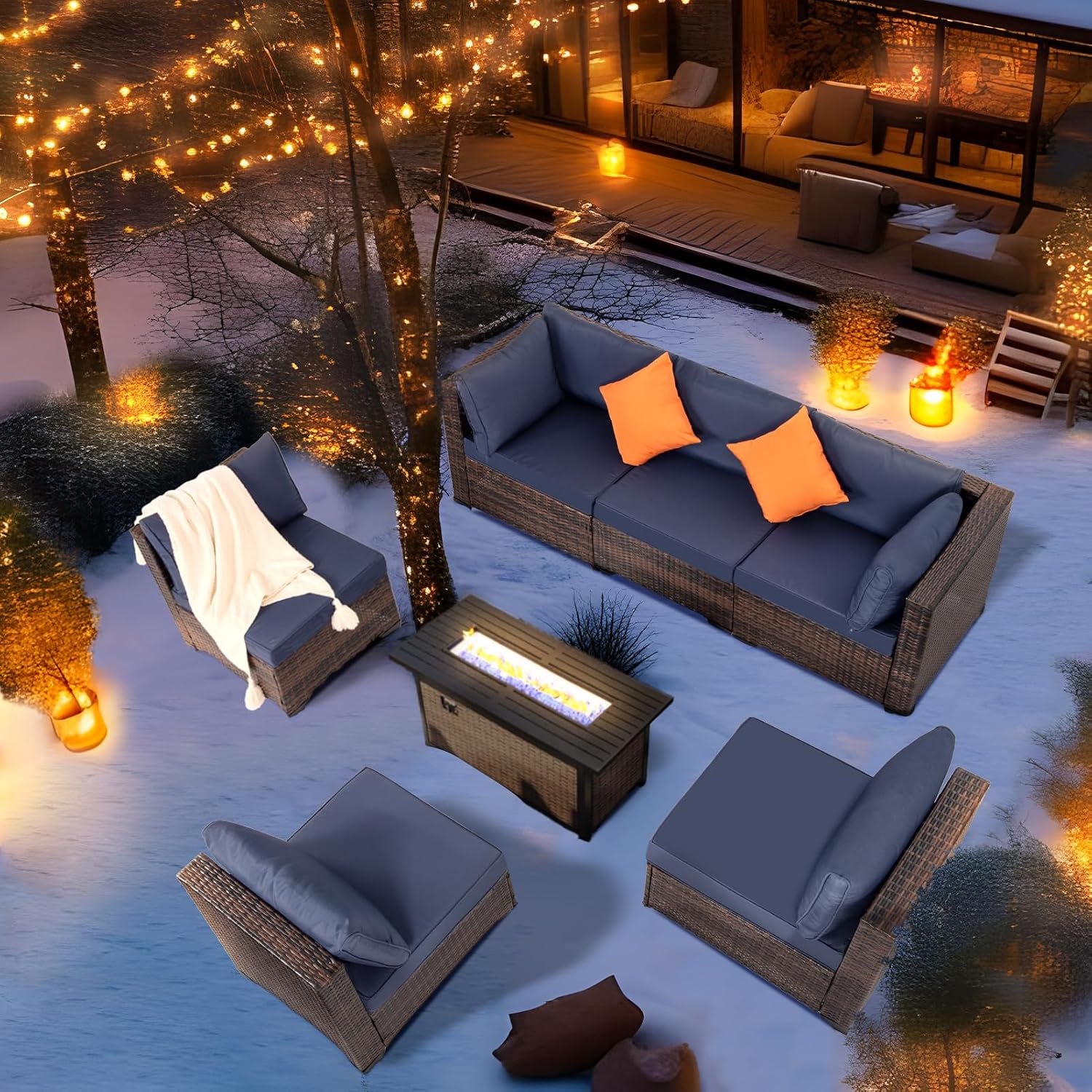 FHFO 7 Piece Outdoor Wicker Patio Furniture Set, Rattan Sectional Sofa Couch, Patio Conversation Set with Cushion & Coffee Table, for Backyard Poolside Porch Garden, Brown-Blue