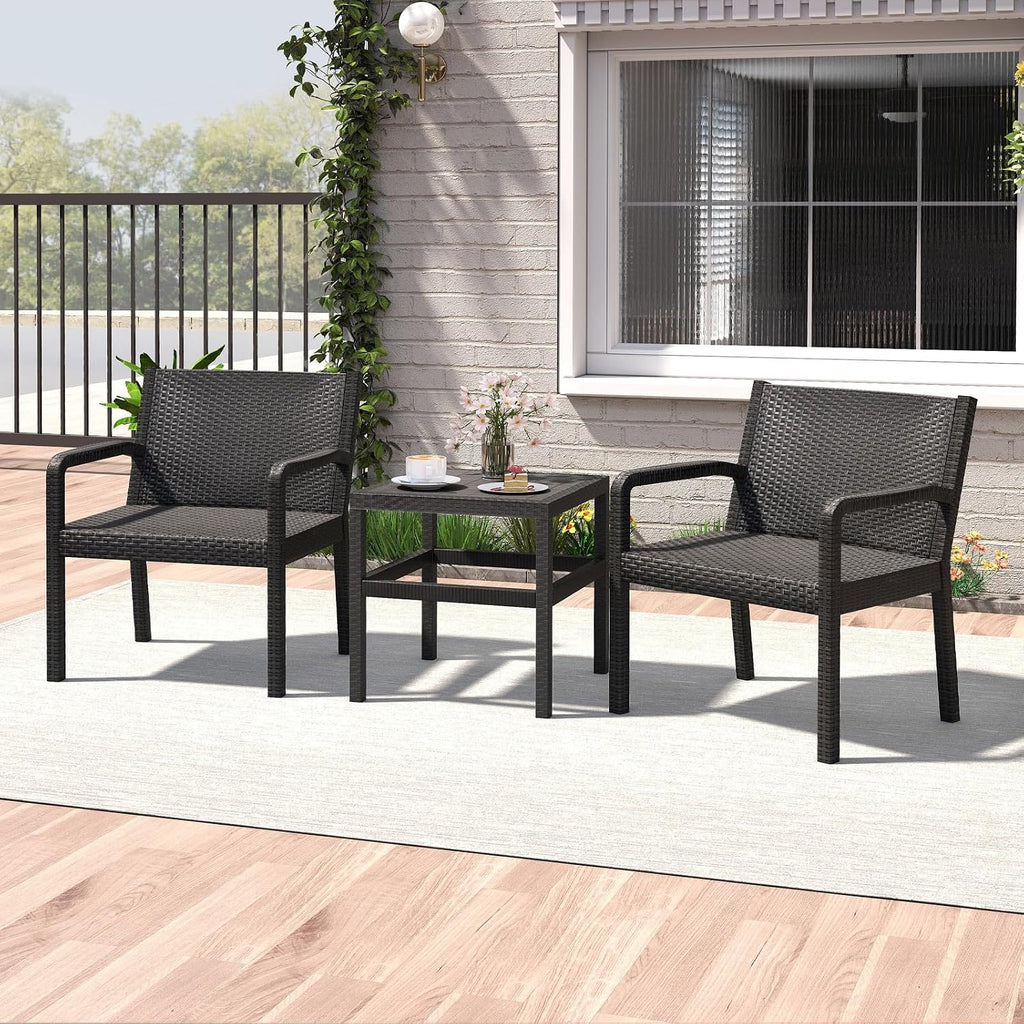Tangkula 3 Piece Patio Furniture Set, Outdoor Wikcer Conversation Set with 2 Rattan Armchair & 25' Square Side Table, for Patio, Garden, Poolside, Bistro (Black)