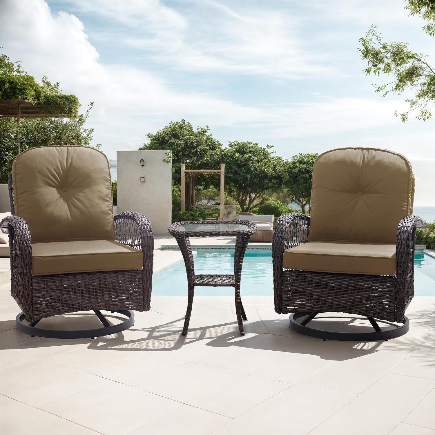 Allewie Patio Furniture Set, 3 Piece Wicker Patio Bistro Set Swivel Rocking Chairs Set of 2 with Coffee Table Outdoor Rattan Conversation Chairs for Porch Backyard Poolside, Khaki