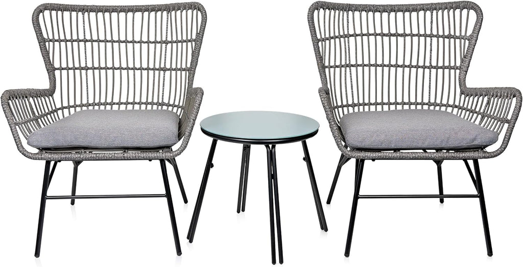 Alpine Corporation Patio Furniture 3 Pieces Outdoor Resin Wicker Conversation with Cushions Bistro Set for Patio & Deck, Gray