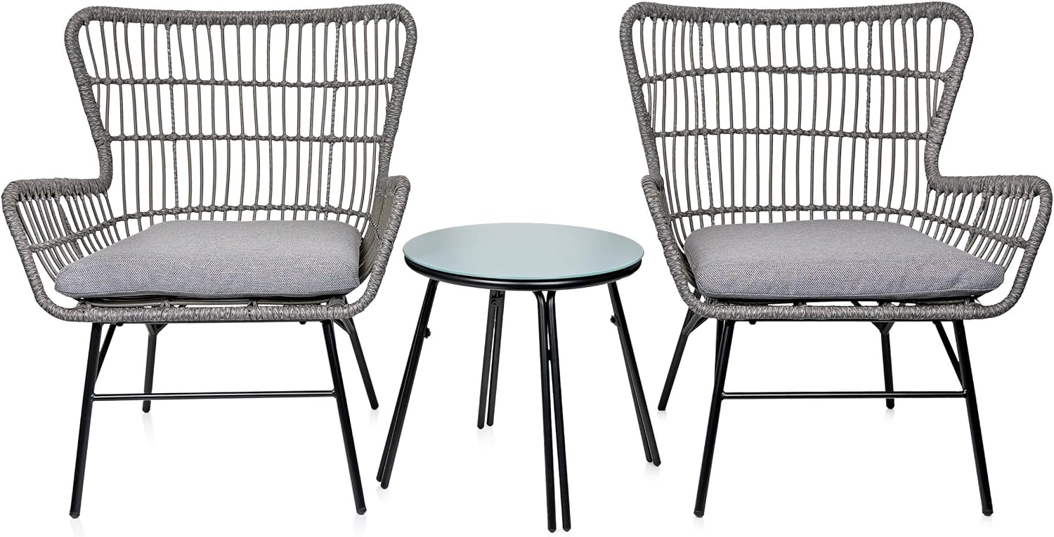 Alpine Corporation Patio Furniture 3 Pieces Outdoor Resin Wicker Conversation with Cushions Bistro Set for Patio & Deck, Gray