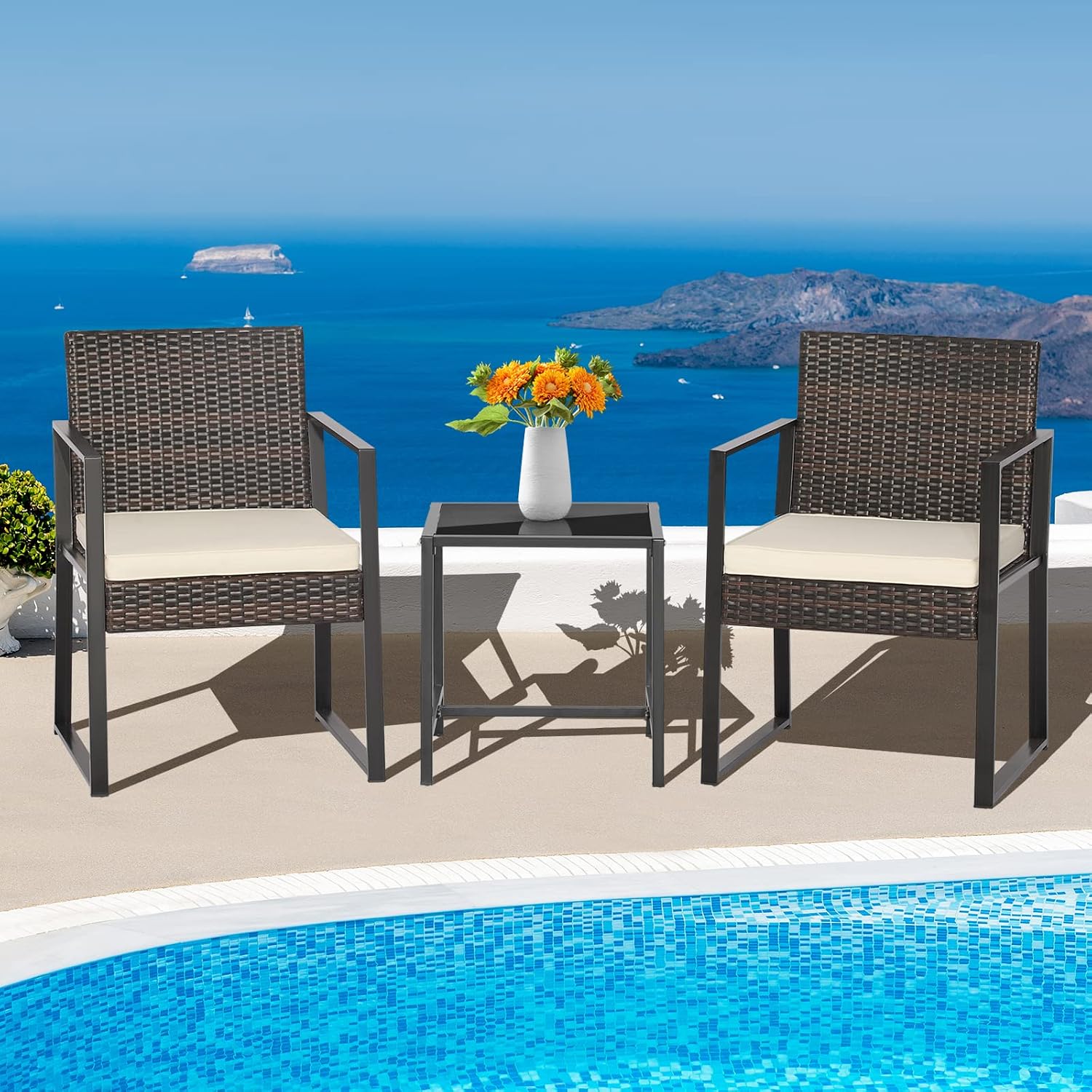 Tangkula 3 Piece Patio Furniture Set, Modern Heavy Duty All Weather Cushioned Wicker Chairs and Coffee Table Set, Suitable for Front Porch, Backyard, Garden, Poolside and Deck (Mix Brown)