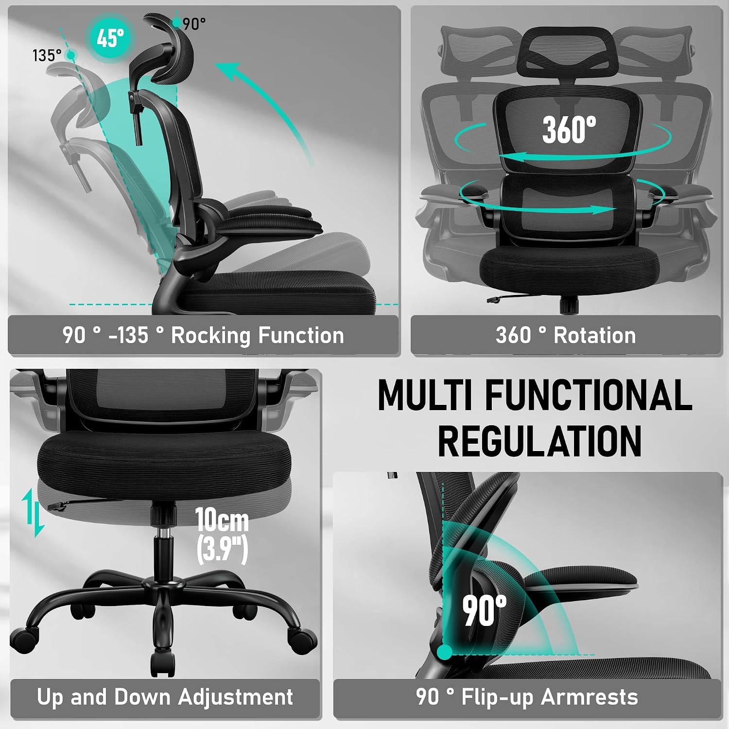 BESTFAIR High Back Ergonomic Office Chair, Breathable Mesh Desk Chair with Lumbar Support, Adjustable Headrest, Flip-up Armrests, Computer Gaming Chair