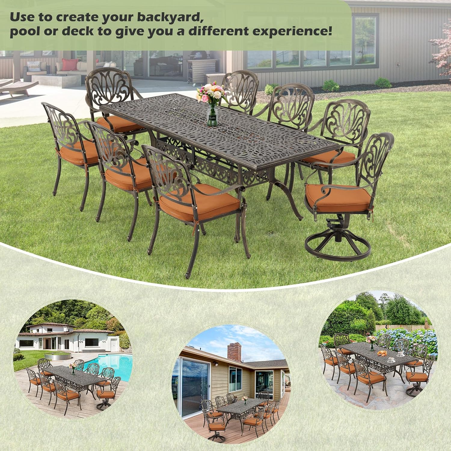 [Hi-End]9-Piece Outdoor Dining Set All Aluminum Patio Table and Chairs Set with 2 Swivel Chair & 6 Patio Chair Outdoor Dining Table Set for 8 Include 86.6'' Rectangular Patio Table with Umbrella Hole