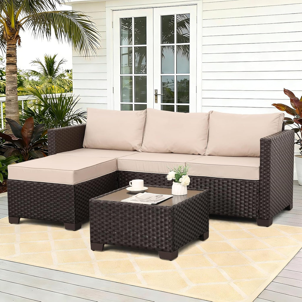 Rattan Star Patio Furniture Set 3 Piece Outdoor Sectional Sofa Set with Wicker Couch, Ottoman, Patio Table All-Weather Non-Slip Cushions and Waterproof Covers, Khaki