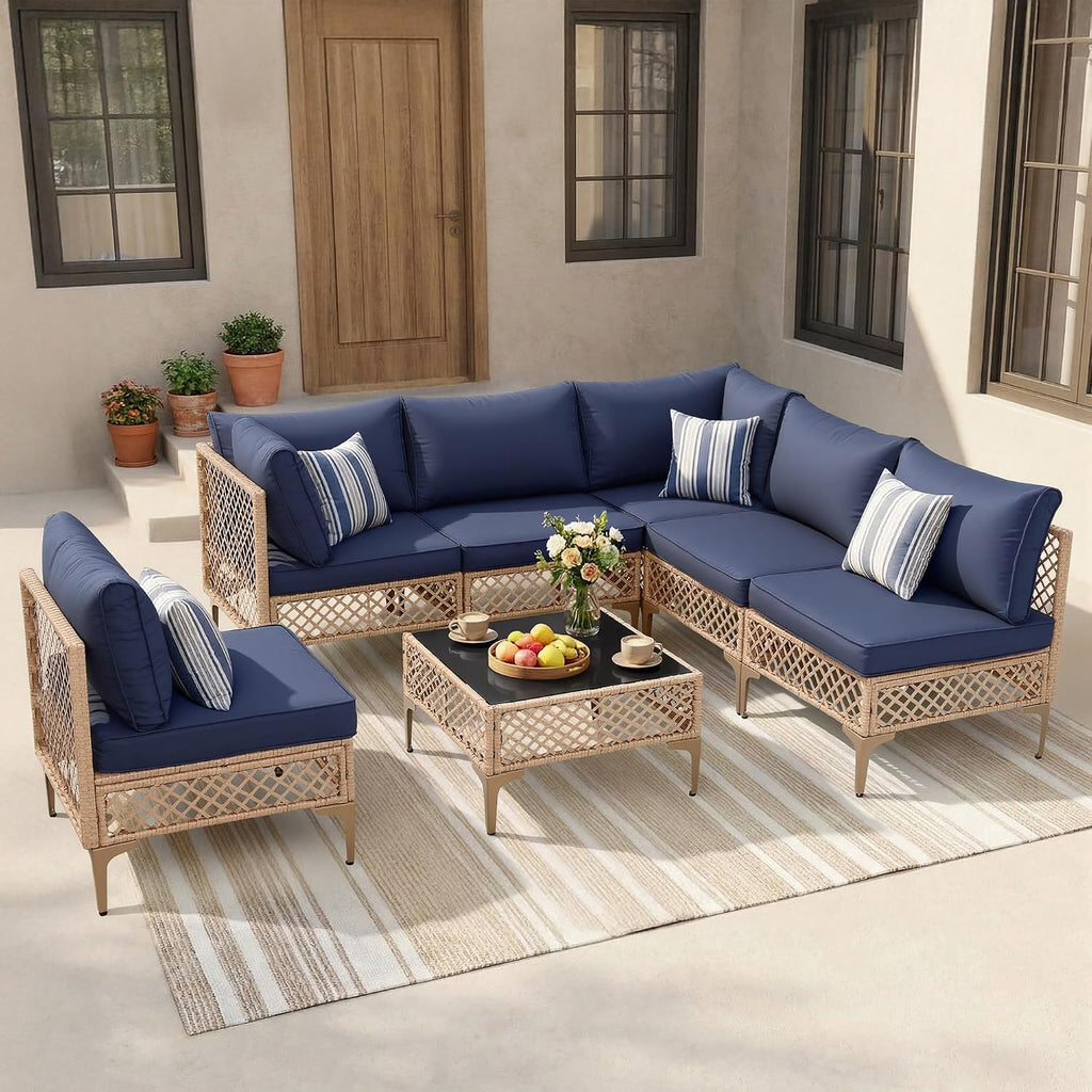 FHFO 7 Piece Patio Furniture Set, Outdoor Wicker Modular Sectional Patio Conversation Set with Thicker Cushion & Tempered Glass Coffee Table for Backyard, Poolside, Porch (Yellow/Blue)