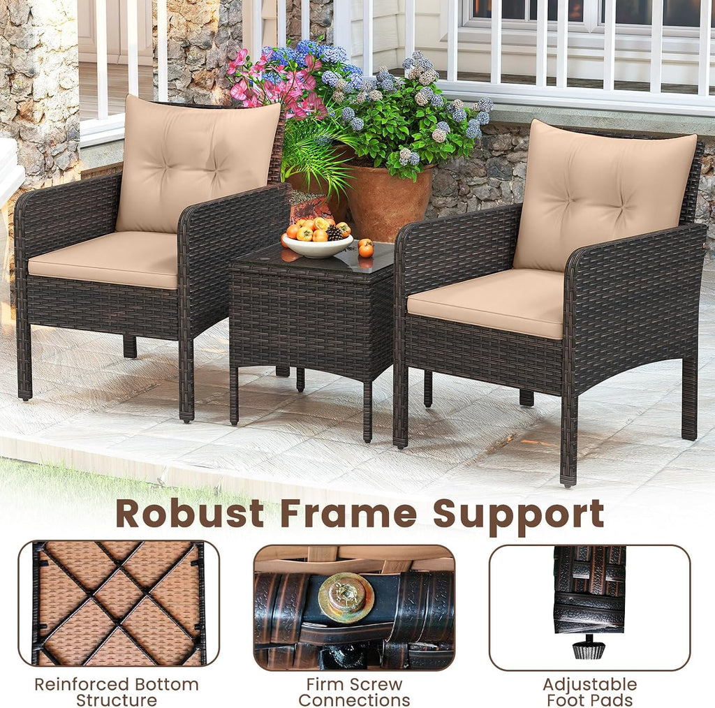 HAPPYGRILL 3 Piece Patio Bistro Set Rattan Wicker Outdoor Conversation Set with Cushions and Coffee Table, Outside Furniture with Rattan Chairs for Porch, Balcony, Deck and Garden (Beige)