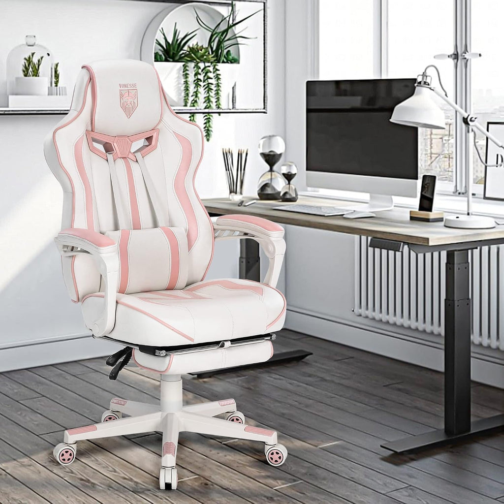 Vonesse Gaming Chair for Girls, Pink Computer Gaming Chairs for Adults, Reclining Gamer Chair with Footrest with Massage, Ergonomic Home Office Chair High Back (White/Pink)