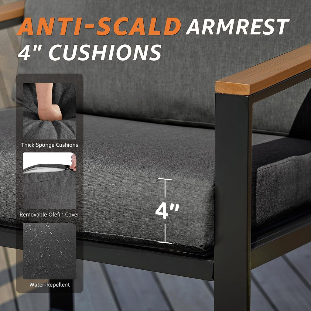 NATURAL EXPRESSIONS 4 Pieces Patio Furniture Sets,Metal Outdoor Patio Furniture Sets,Outdoor Sectional Patio Conversation Set,Wooden Anti-Scald Armrest,Sling Mesh,4' Olefin Cushions Dark Grey