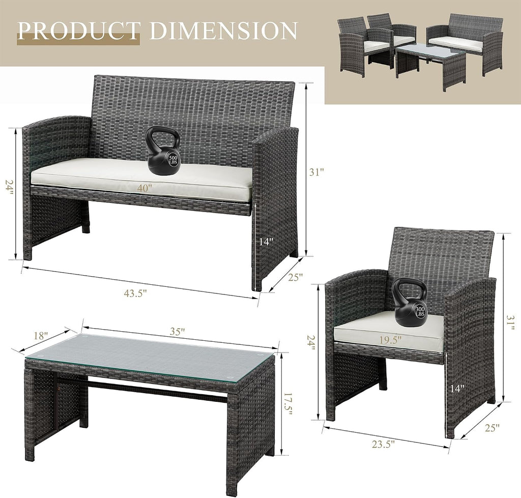 JAMFLY 4 Piece Outdoor Patio Furniture Set, Outdoor Wicker Rattan Chairs Conversation Sets with Cushions & Coffee Table for Outside, Garden, Balcony, Porch, Beige