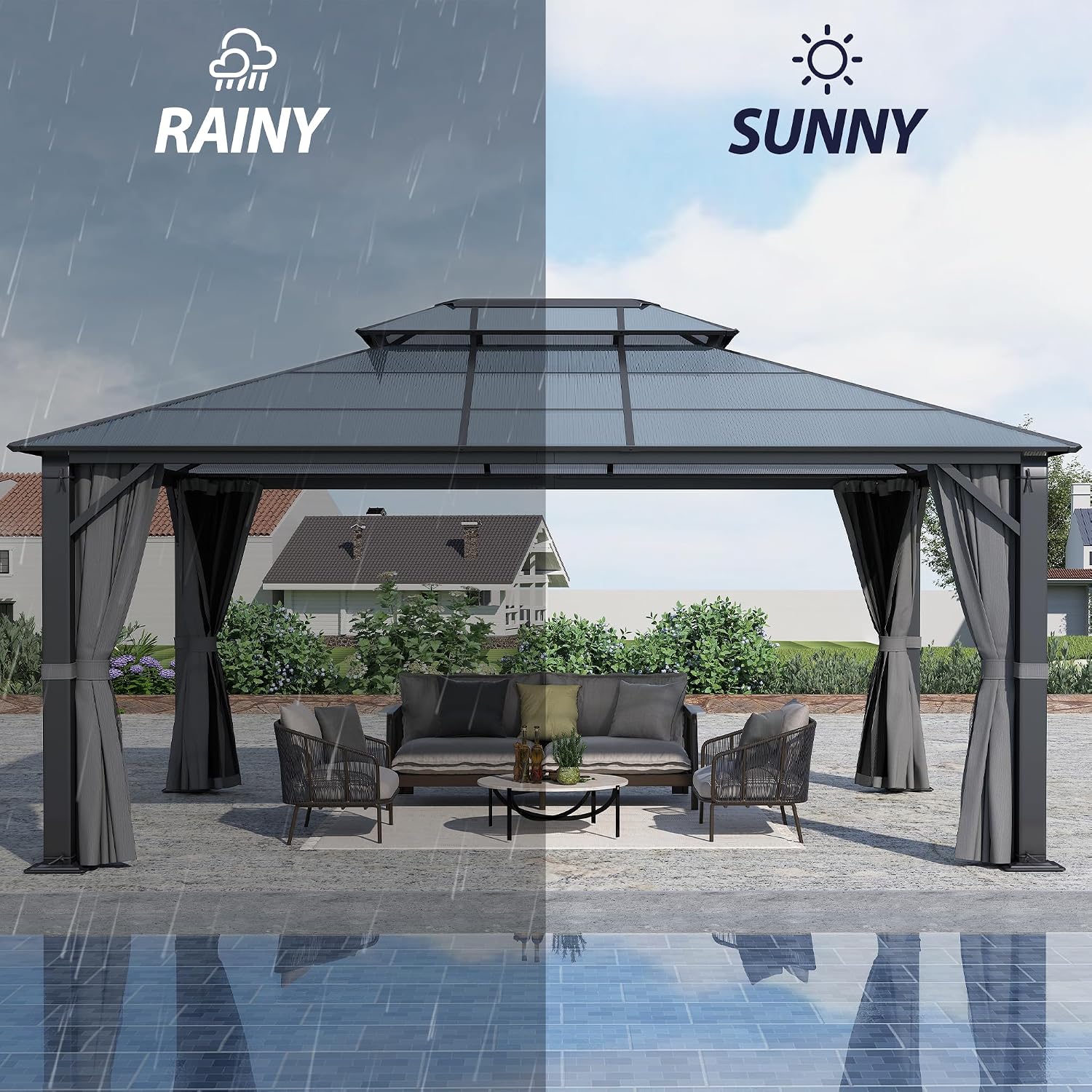 12' x 16' Hardtop Gazebo, Outdoor Polycarbonate Double Roof Gazebo with Metal Frame Permanent Pavilion with Netting& Curtains for Garden, Patio