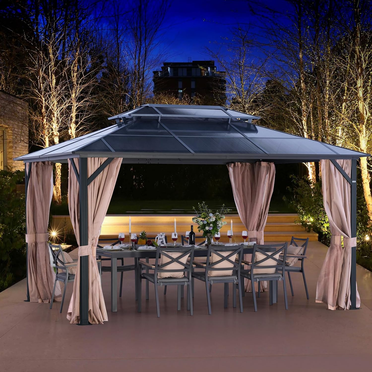 LeDoasis 10' X 13' Permanent Hardtop Gazebo, Outdoor Polycarbonate Double Roof Canopy with Breathable Netting & Privacy Curtain for Patio Backyard Garden Lawn Party