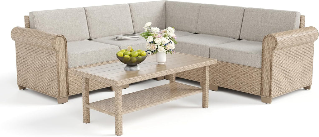 Patio Furniture Set 6 Piece, Wicker Rattan Sectional Sofa Couch with 5.5' Thick Waterproof Cushion and Coffee Table, L Shape All Weather Outdoor Conversation Set for Lawn Backyard Deck, Beige
