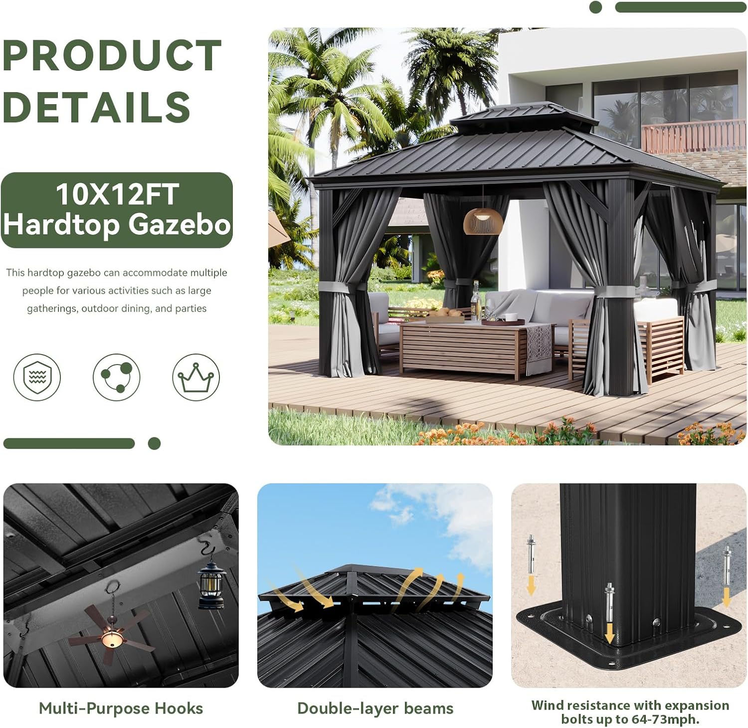 Aoxun 10' X 12' Hardtop Gazebo with Drainage System, Aluminum Outdoor Gazebo with Galvanized Steel Double Roof, Patio Permanent Metal Pavilion with Netting, for Garden, Deck, Grey