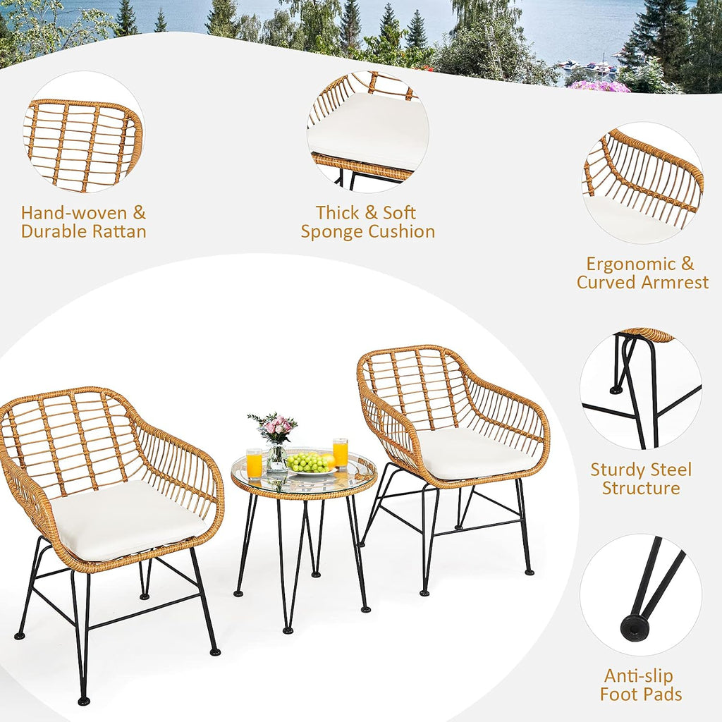 Tangkula 3 Pieces Patio Bistro Set, Rattan Conversation Set with 2 Cushioned Armchairs & Round Glass Coffee Table, Indoor Outdoor Wicker Furniture Set for Balcony, Backyard, Garden, Poolside