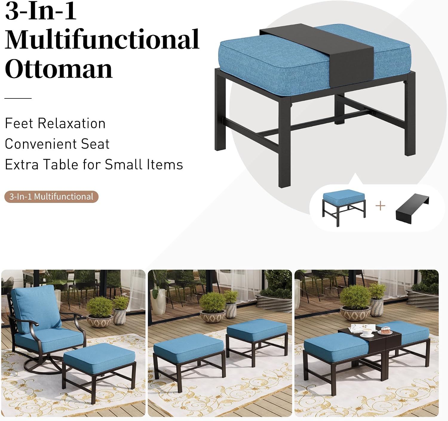 SUNSHINE VALLEY 5 Piece Metal Outdoor Patio Furniture Set, Patio Conversation Sets 1 3-seater Sofa, 2 Swivel Chairs, 2 Ottomans with 5.75' Thick Cushion, Black All-weather Backyard Furniture Set, Navy