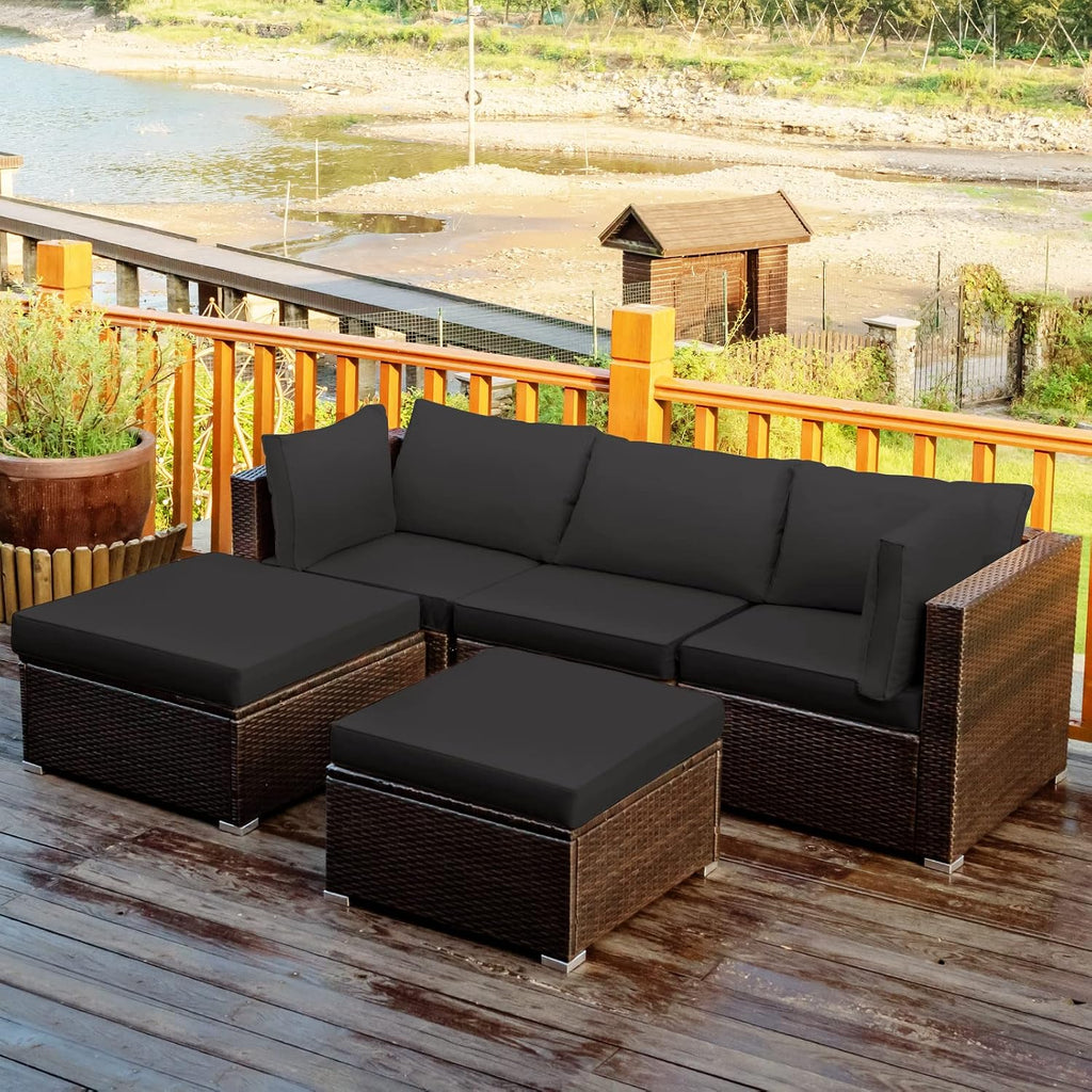 Tangkula 5 Piece Patio Furniture Set, Outdoor Sectional Rattan Sofa Set with Cushions and Coffee Table, Suitable for Backyard Porch Garden Poolside and Deck, Wicker Conversation Set (Black)