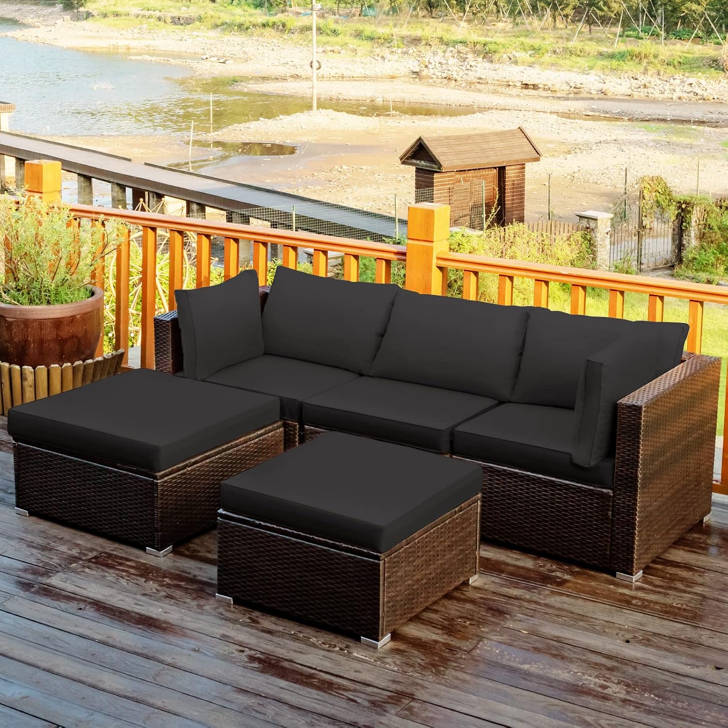 Tangkula 5 Piece Patio Furniture Set, Outdoor Sectional Rattan Sofa Set with Cushions and Coffee Table, Suitable for Backyard Porch Garden Poolside and Deck, Wicker Conversation Set (Black)
