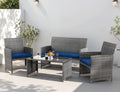 4 Piece Patio Ratten Set Outdoor Furniture Set Wicker Conversation Set with Cushions and Tempered Glass Tabletop,Deep Blue