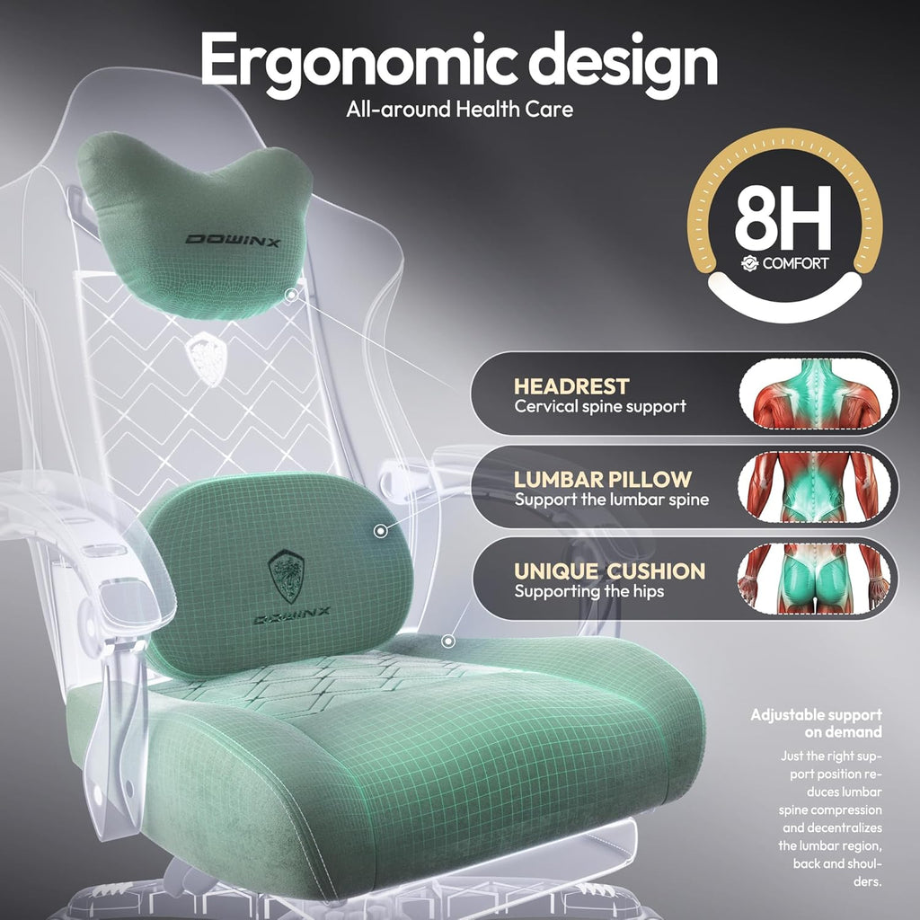 Dowinx Gaming Chair with Heated Massage Lumbar Support,Big and Tall Fabric Gaming Chairs for Adults with Footrest, Ergonomic Computer Game Chair with Poket Spring Cushions, 350lbs, Green