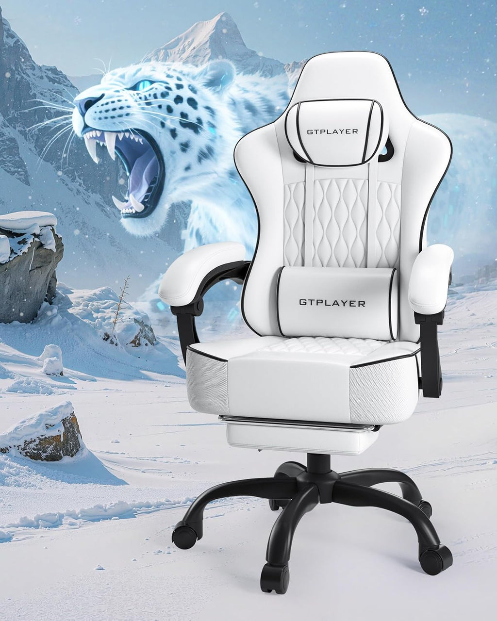 GTPLAYER Big and Tall Gaming Chair with Footrest, Ergonomic Office Desk Chair with 4.4in Thick Cushion and Wide Wingless Seat, Comfortable Leather Computer Chair, Predator Series, White