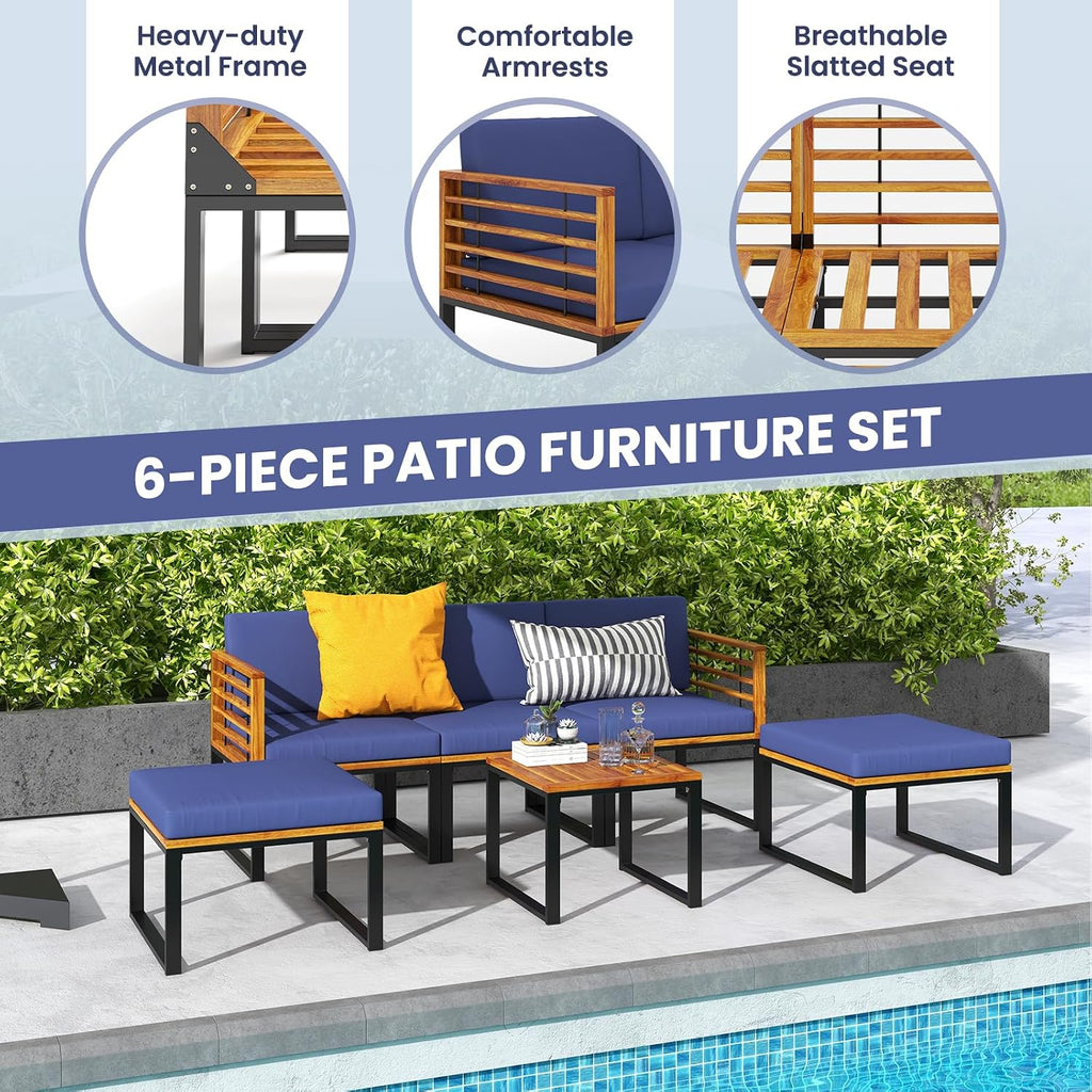 Tangkula 6 Pieces Acacia Wood Patio Furniture Set, Outdoor Sectional Conversation Sofa Set with Cushions, Coffee Table and Ottomans, Metal Frame Patio Sofas for Garden, Poolside, Backyard, Navy