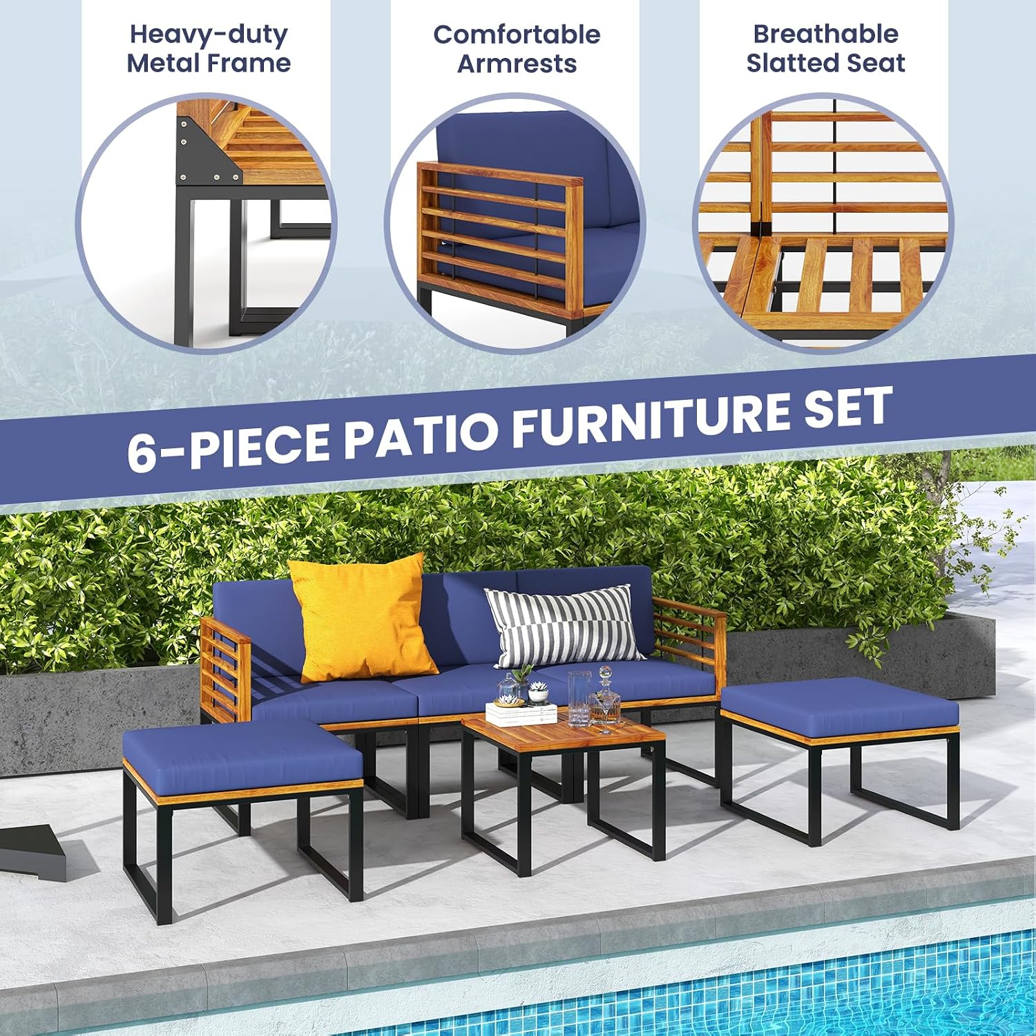 Tangkula 6 Pieces Acacia Wood Patio Furniture Set, Outdoor Sectional Conversation Sofa Set with Cushions, Coffee Table and Ottomans, Metal Frame Patio Sofas for Garden, Poolside, Backyard, Navy