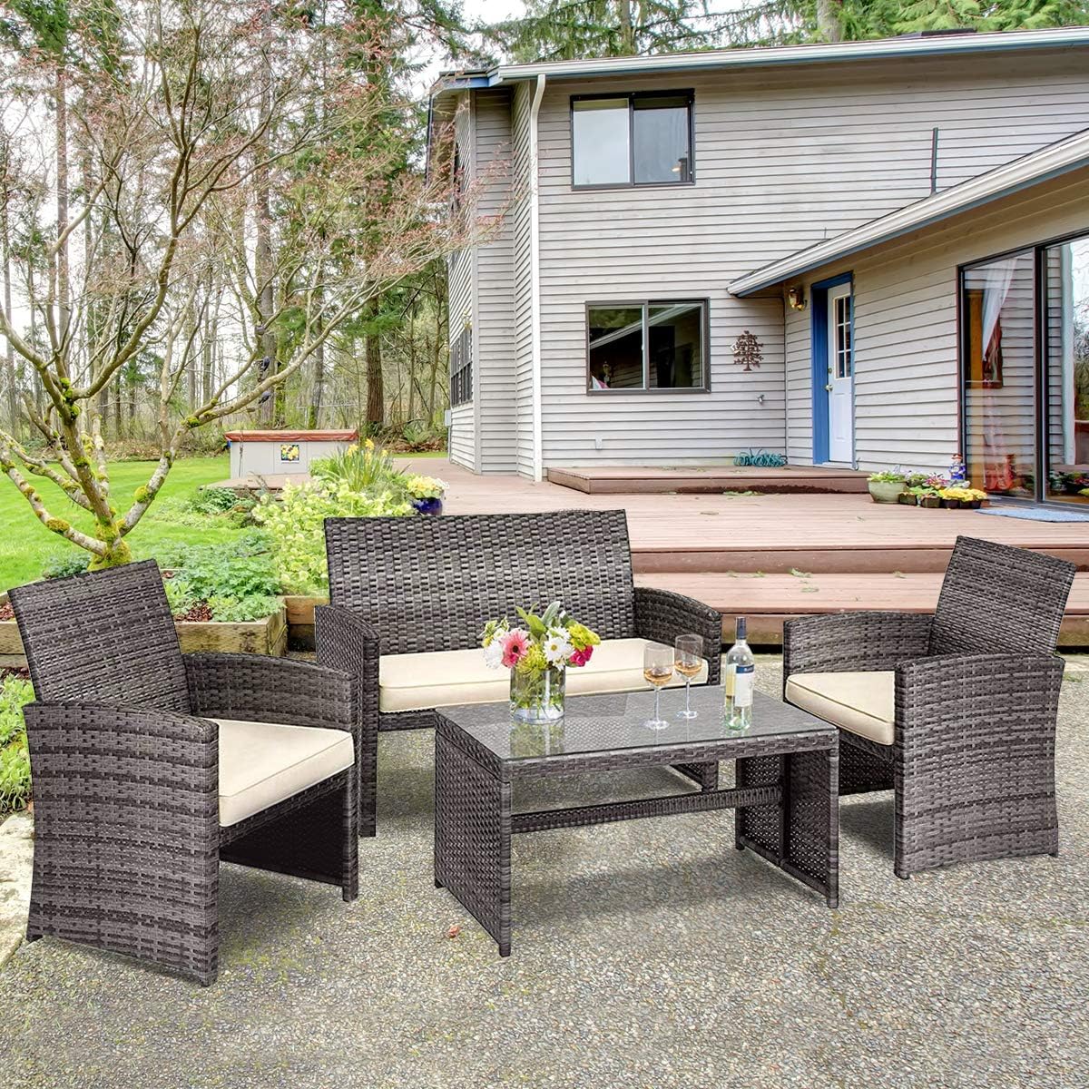 Giantex 4 Pc Rattan Patio Furniture Set Garden Lawn Sofa Cushioned Seat Mix Gray Wicker