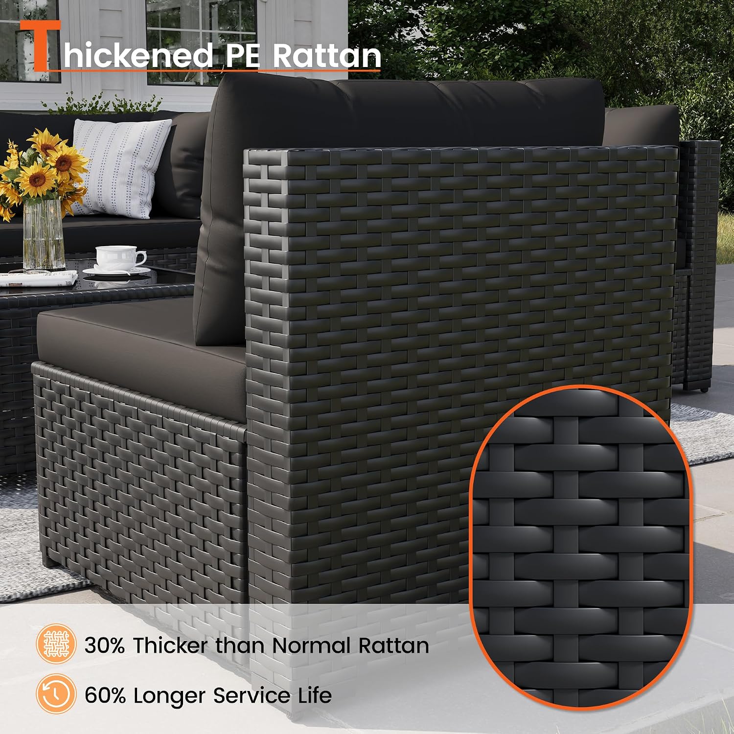 Patio Furniture Set, 7-Piece Outdoor Sectional All-Weather Wicker Patio Conversation Set for Backyard, Poolside, Garden, Black