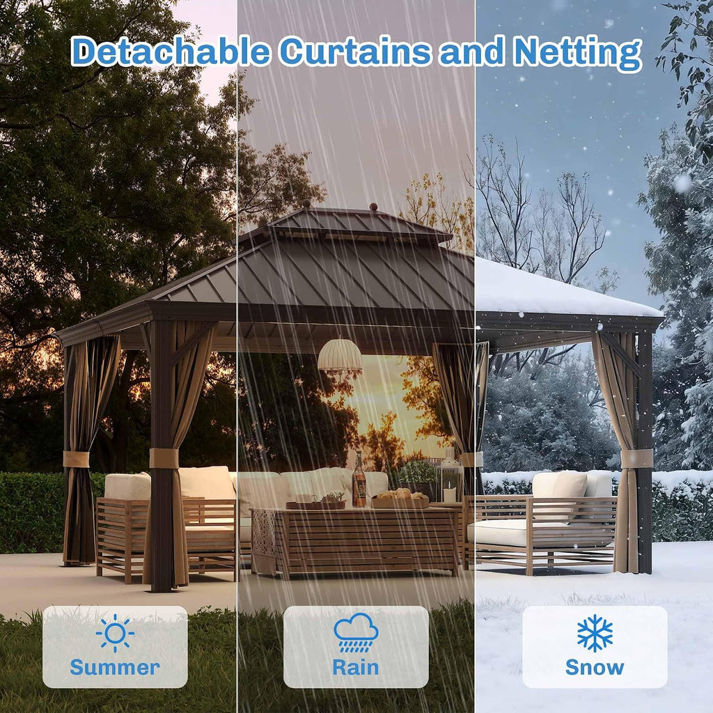 10' X 12' Hardtop Gazebo, Outdoor Galvanized Steel Double Roof Permanent Aluminum Frame Pavilion Pergola Canopy with Privacy Curtains for Garden, Patio, Backyard, Deck and Lawns