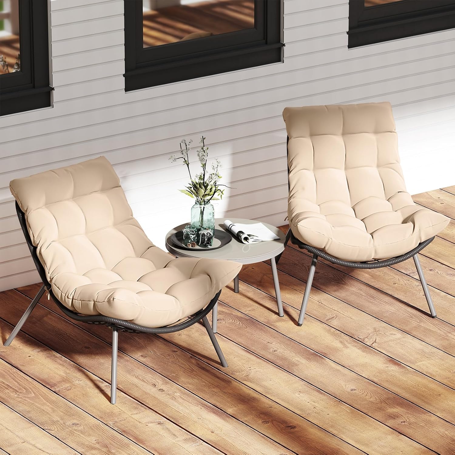 Tangkula 3 Pieces Patio Furniture Set, Outdoor Rattan Wicker Bistro Conversation Set with Cushioned Papasan Chairs and Tempered Glass Coffee Table for Porch, Balcony, Deck and Garden
