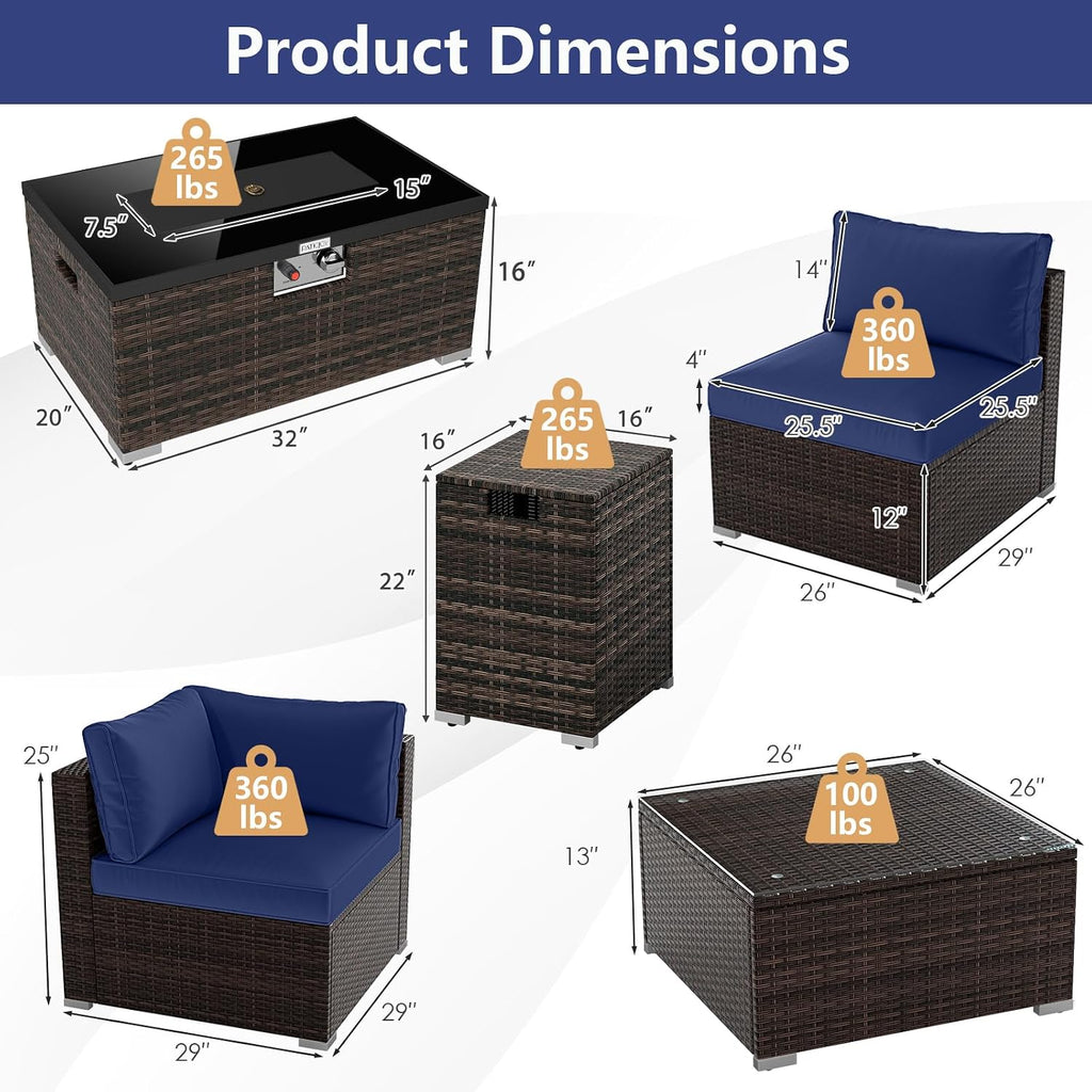 Tangkula 7 Pieces Wicker Patio Furniture Set with 40,000 BTU Gas Fire Pit Table & Propane Tank Cover Table & Glass Top Coffee Table, for Garden, Backyard and Poolside (Navy)