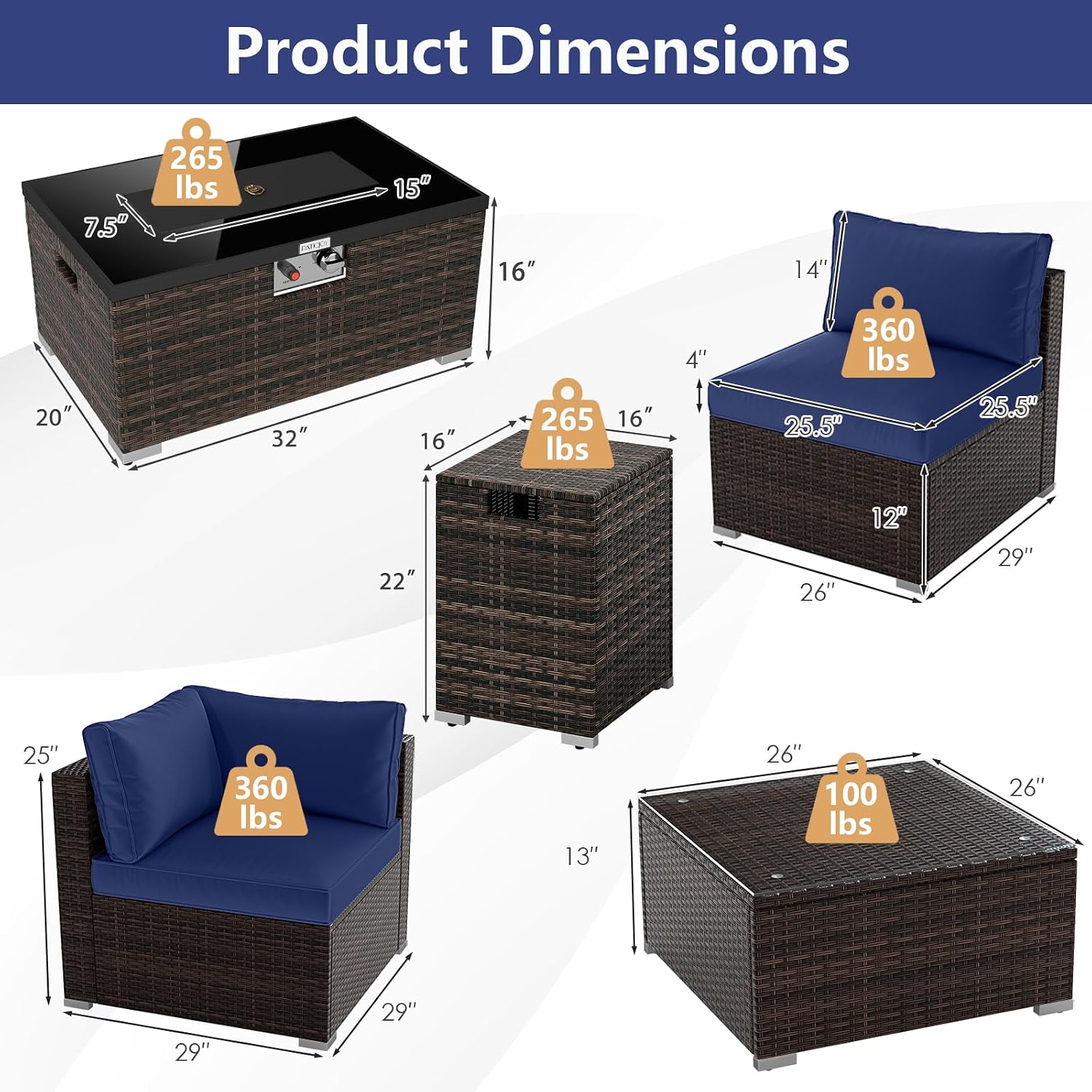 Tangkula 7 Pieces Wicker Patio Furniture Set with 40,000 BTU Gas Fire Pit Table & Propane Tank Cover Table & Glass Top Coffee Table, for Garden, Backyard and Poolside (Navy)