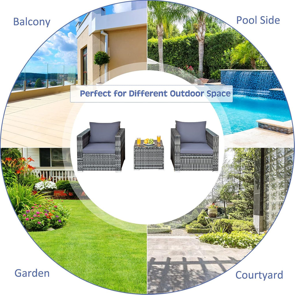 COSTWAY 3-Piece Patio Furniture Set, Outdoor Wicker Rattan Sofa with Cushions and Coffee Table, Conversation Chair Set for Poolside Backyard Balcony Lawn (Grey)