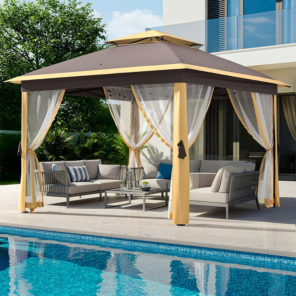 11x11 FT Outdoor Gazebo, Heavy Duty Pavilion With Sturdy Metal Frame & Double Roofs, Patio Shelter With Mosquito Netting, Ideal for Backyard, Garden, Lawn, Deck, Khaki/Brown