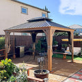 Domi 12' x 14' Hardtop Gazebo Permanent Aluminum Gazebo with Wood-Looking Frame, Galvanized Steel Double Roof, Curtains and Netting for Patio, Lawn, and Garden