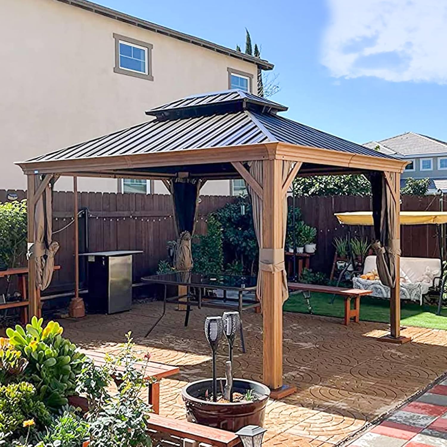 Domi 12' x 14' Hardtop Gazebo Permanent Aluminum Gazebo with Wood-Looking Frame, Galvanized Steel Double Roof, Curtains and Netting for Patio, Lawn, and Garden