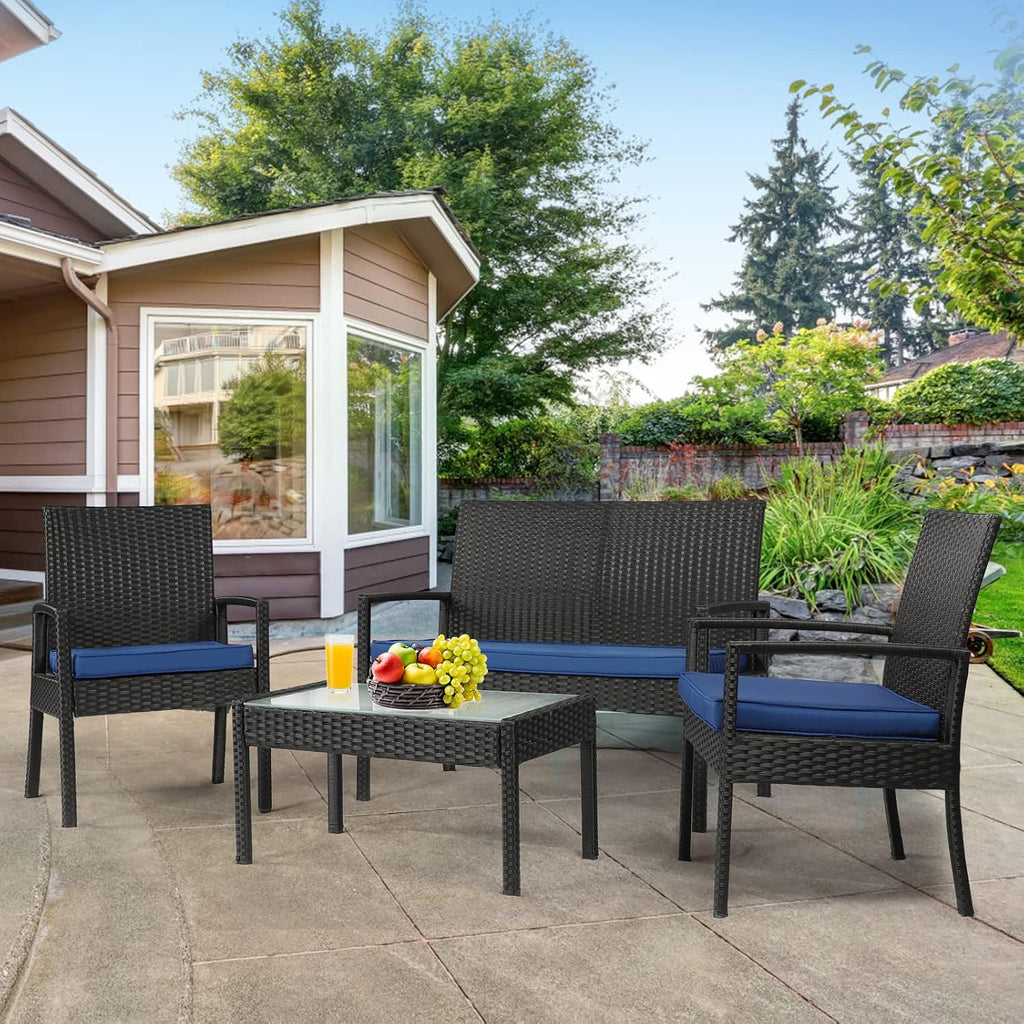 PAOLFOX4 Piece Outdoor Patio Furniture Set, Rattan Patio Conversation Set with Table,Modern Wicker Chairs and Table Sets,Outdoor Furniture for Porch, Garden, Lawn, Blue